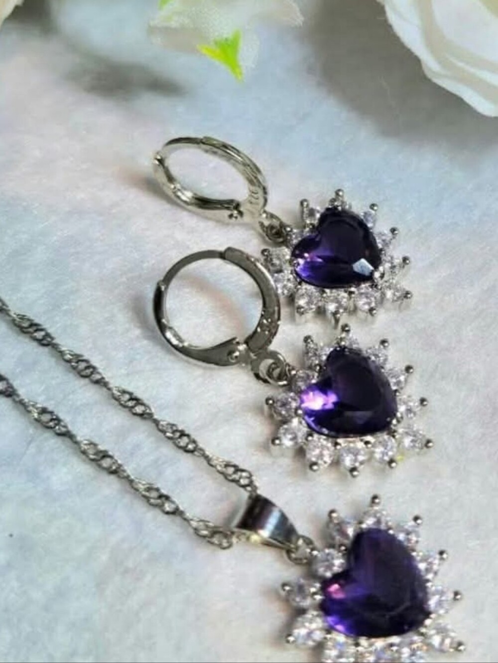 Heart-Shaped Purple Crystal Pendant Necklace and Earrings Set